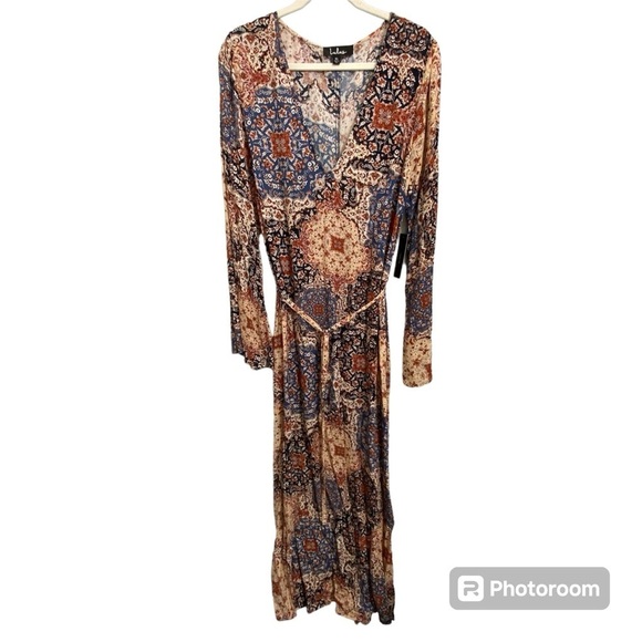 NWT LULUS / Mosaic Marvel Rust Orange Print Long Sleeve Maxi Dress Size XL - Picture 3 of 12
